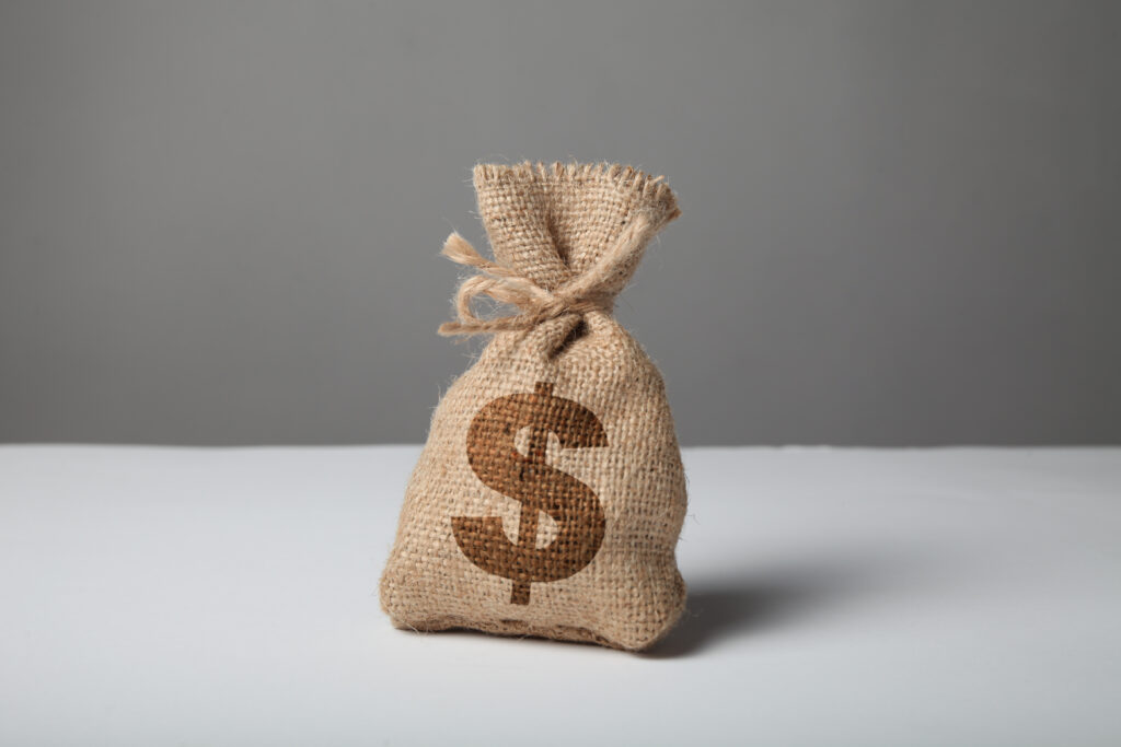 Burlap sack with a dollar sign printed on it
